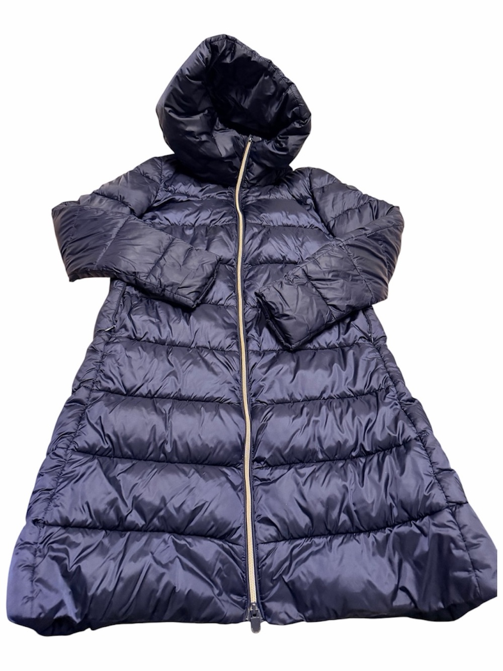SAVE THE DUCK Ultra Light Long Quilted Hooded Puffer Coat in Navy